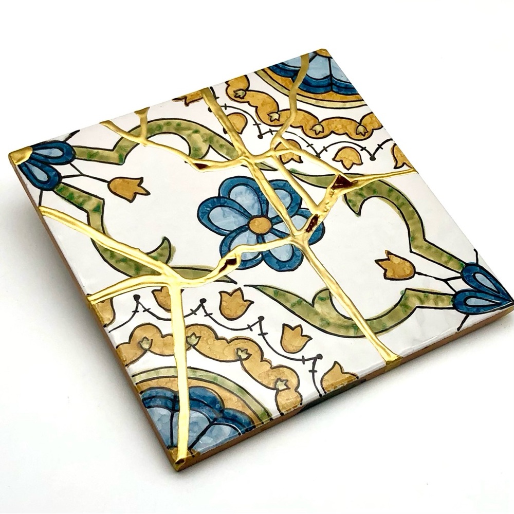 Kintsugi Italian Terracotta Tile 70s Hand Painted Floral Gold Crack Growth Gift